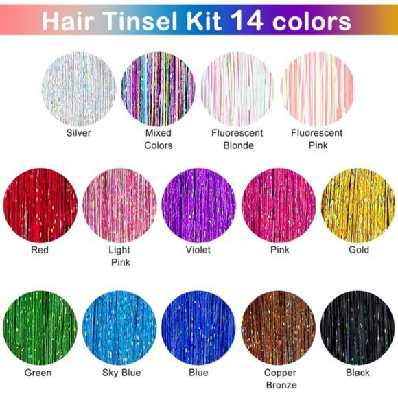 Hair Tinsel Kit 48In 14 Colors 3500 Strands Heat Resistant Fairy Hair Extensions - Picture 3 of 7